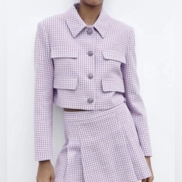 Zara Bloggers Fave Lilac White Textured Cropped Blazer Gingham Checker Size L - Picture 1 of 14